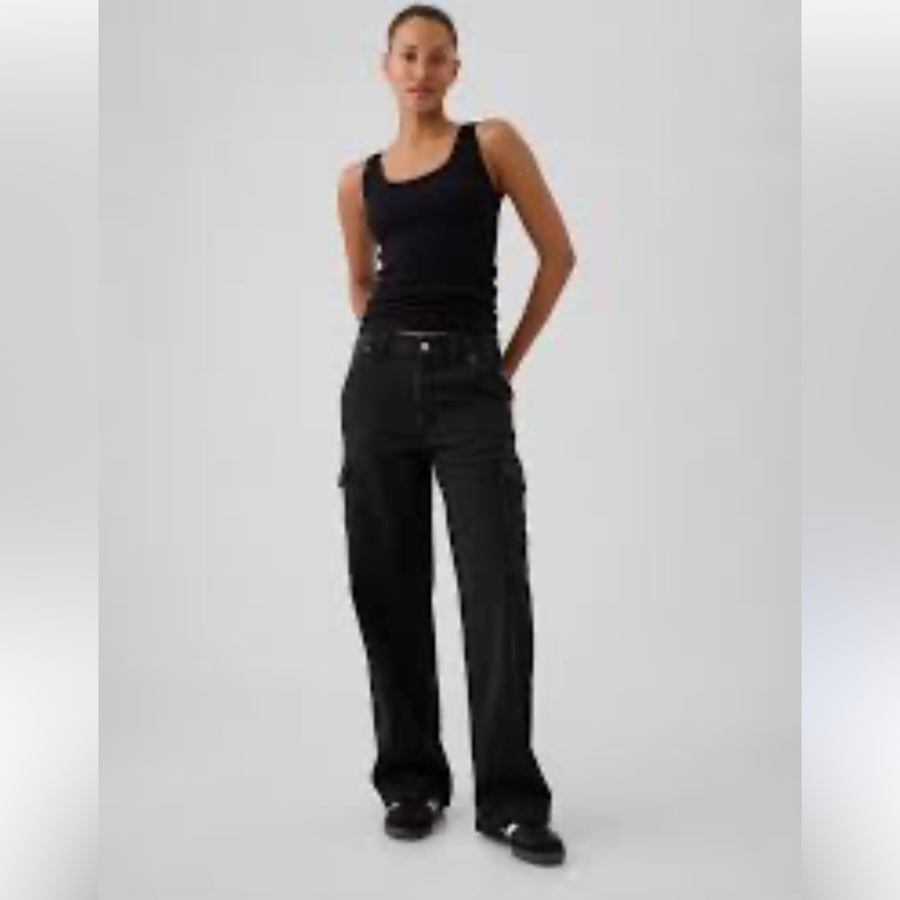 GAP High Rise '90s Loose Cargo Jeans Woman 28/6 Petite Black Wash Streetwear